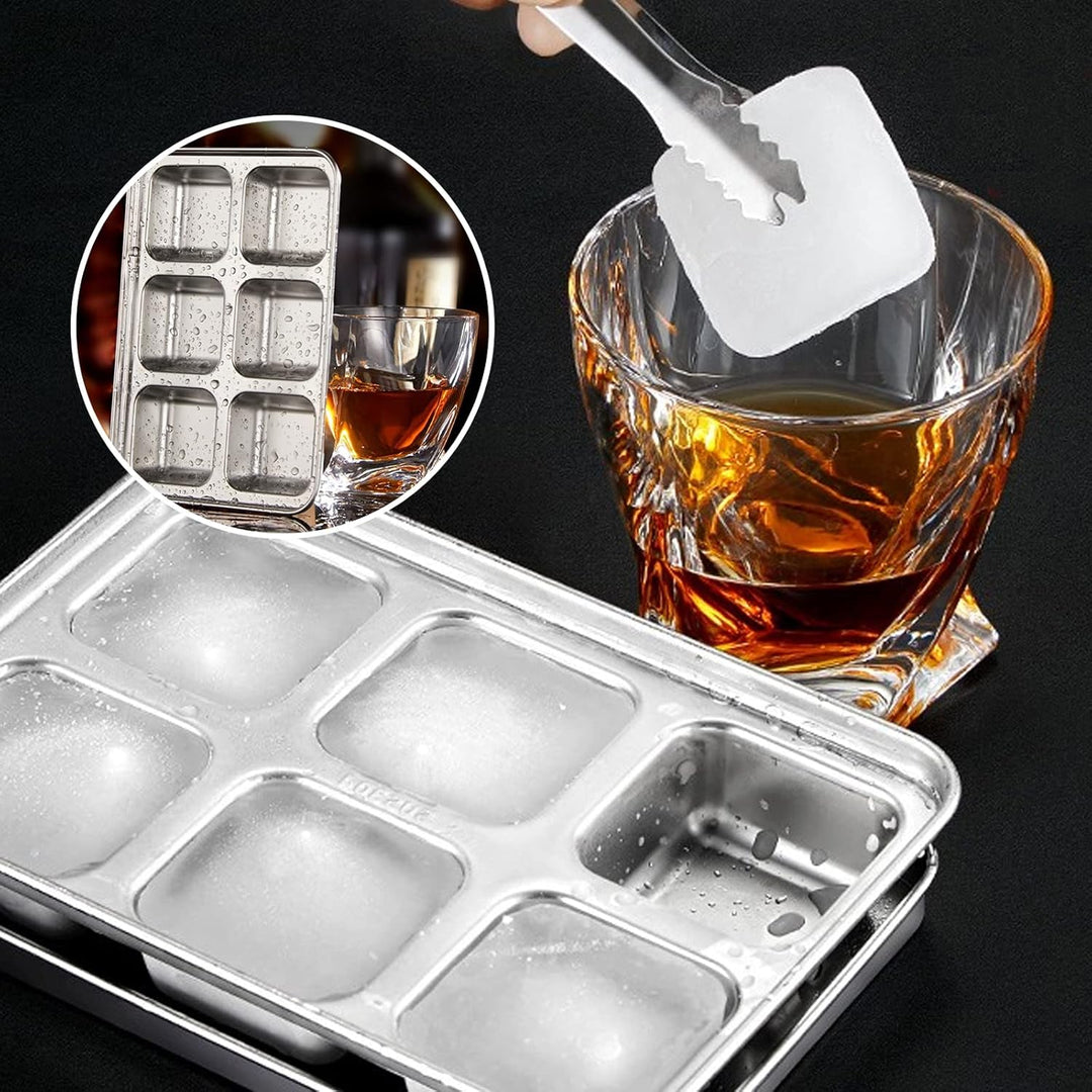 2PCS Eiswürfelform, Eiswürfelbehälter mit Deckel, 6-Fach Gross Edelstahl Eiswürfel Form Ice Cube Tra