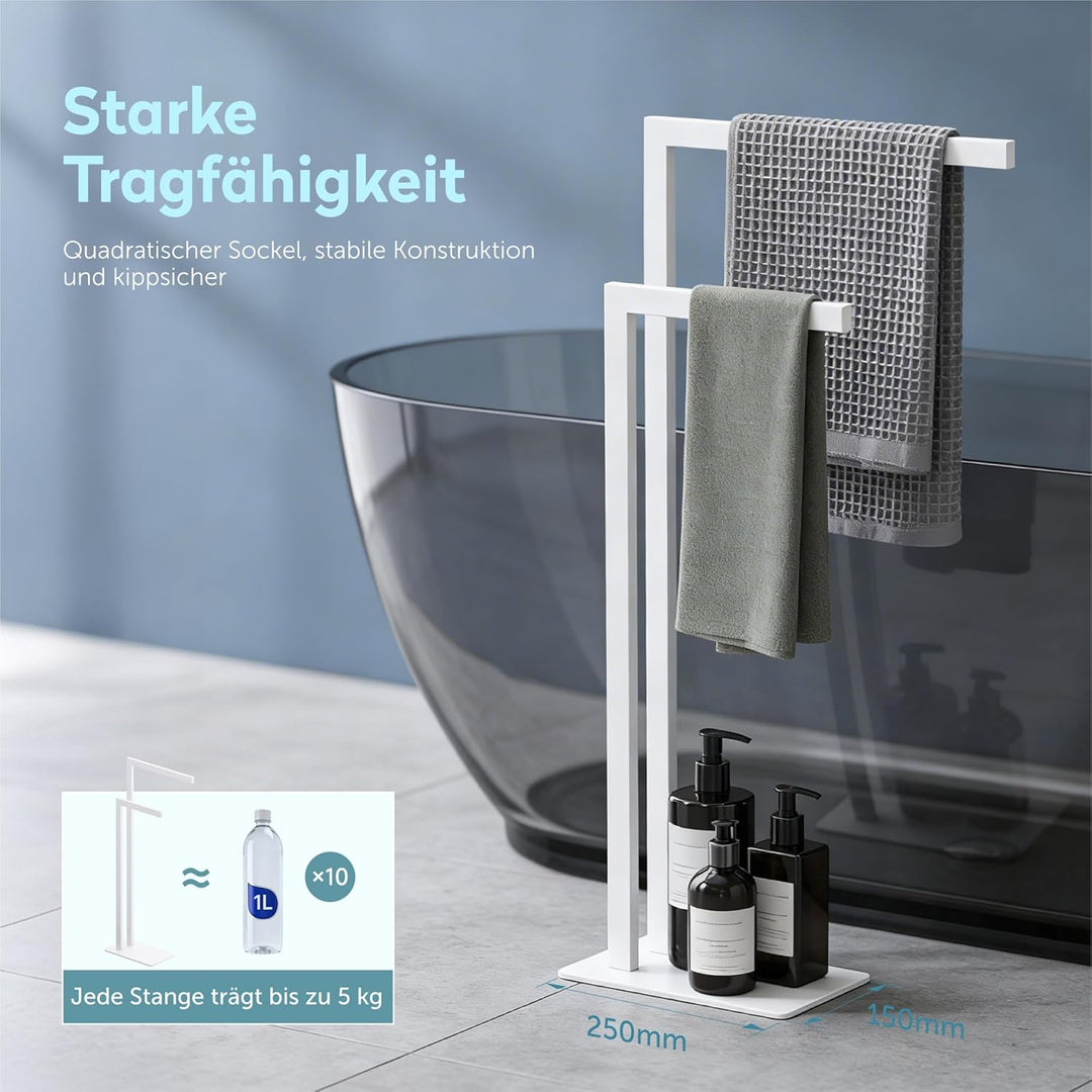 doporro Handtuchständer Freistehend, Handtuchhalter Stehend weiss Edelstahl mit 2 Stangen, Badetuchh