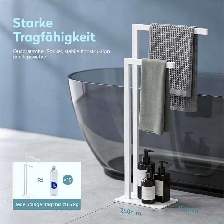 doporro Handtuchständer Freistehend, Handtuchhalter Stehend weiss Edelstahl mit 2 Stangen, Badetuchh