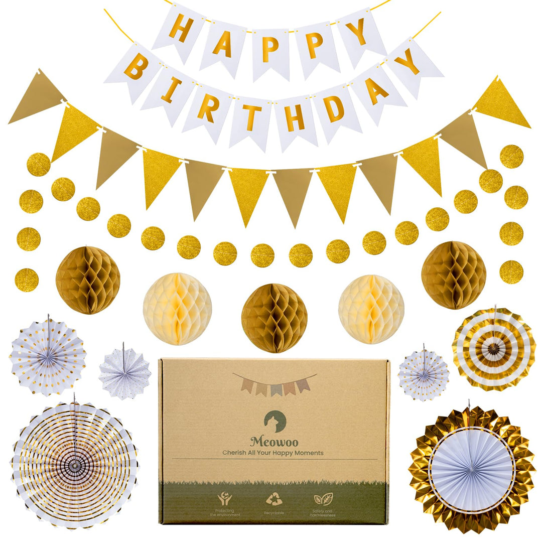 Meowoo Geburtstagsdeko, Weissgold Geburtstag Party Deko - Happy Birthday Girlande, Wimpelkette, Wabe
