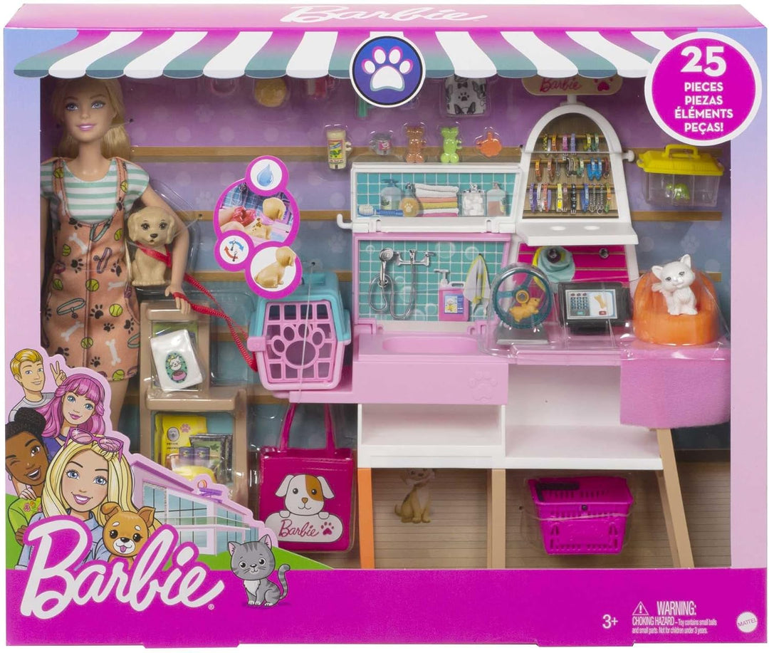 Barbie Pet Salon, 1x Barbie-Puppe mit blonden Haaren, Welpe, Kätzchen, Haustierzubehör, Barbie-Zubeh