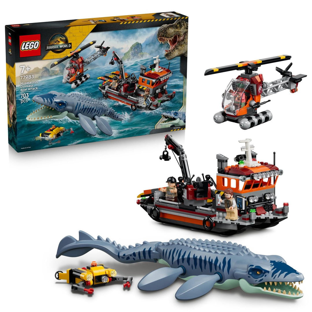 LEGO Jurassic World Mosasaurier-Angriff auf das Boot - Bauspielzeug - Spielset für Rollenspiele mit
