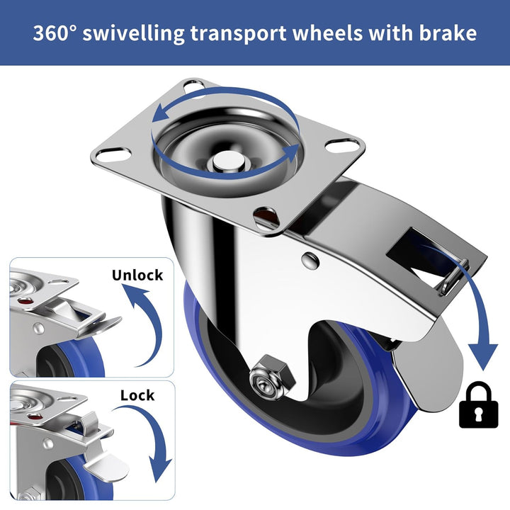 Forever Speed Schwerlastrollen 75mm 4 Stück Gummi Lenkrollen mit Bremse Premium Transportrollen bis