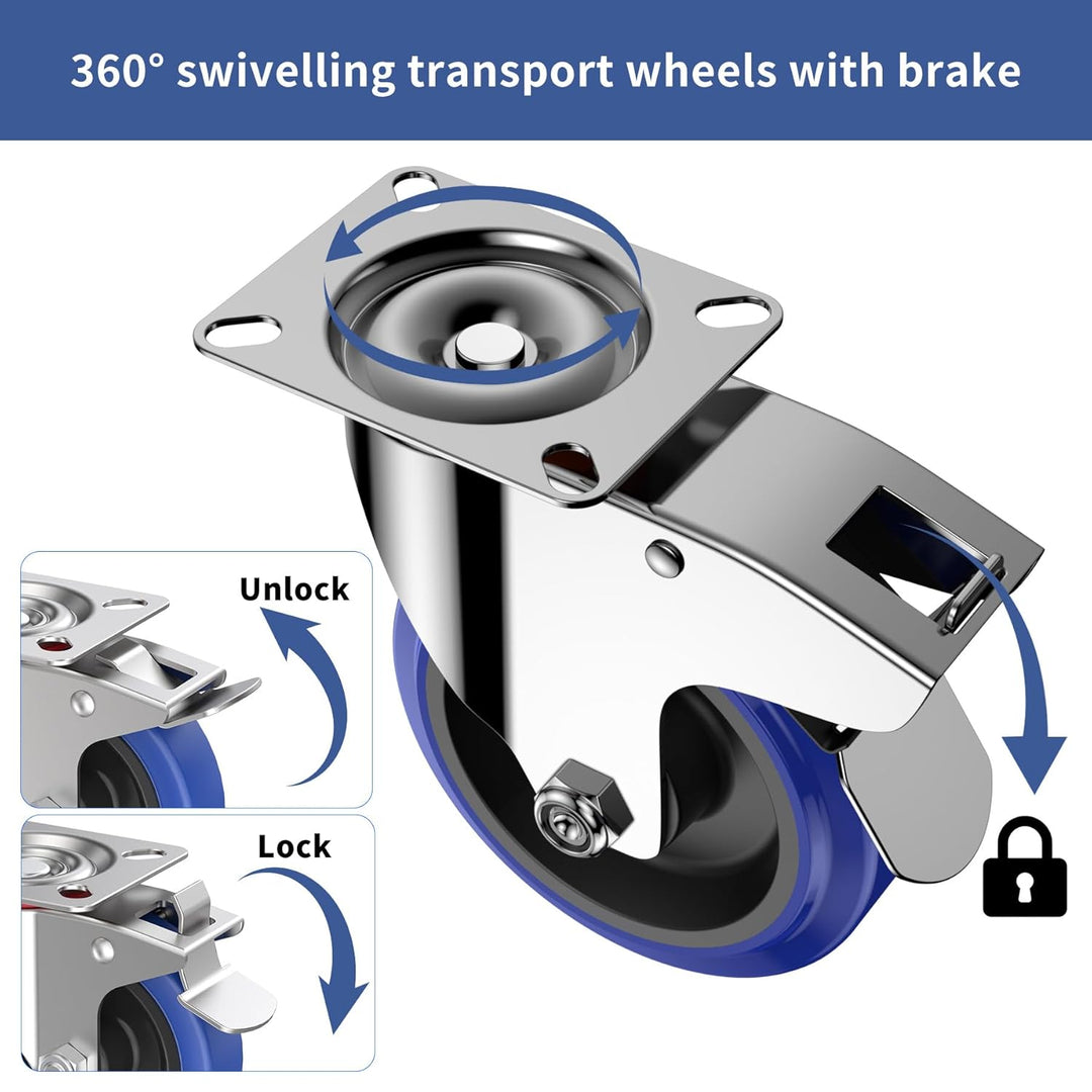 Forever Speed Schwerlastrollen 100mm 4 Stück Gummi Lenkrollen mit Bremse Premium Transportrollen bis