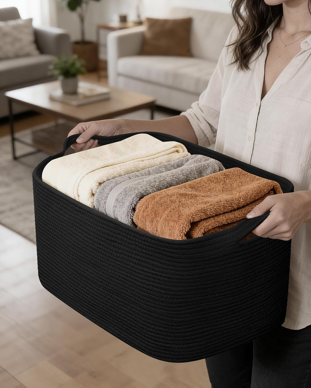 Faltbarer Wäschekorb, 63L Grosse Wäschesammler, Laundry Baskets aus Baumwolle, Geflochten Aufbewahru