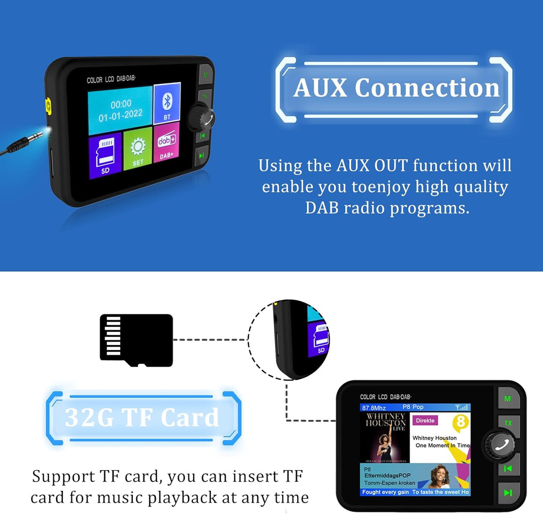 DAB+ / DAB Digitaler Adapter Radio für Autoradio - 2,4 Zoll LCD Display with FM Bluetooth Musik/AUX