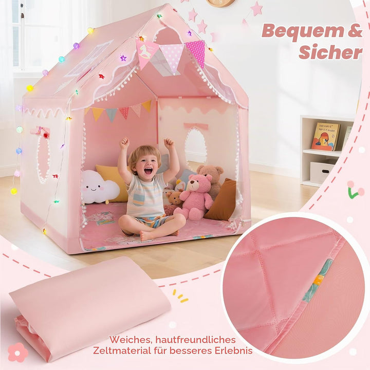 Kinder Spielzelt Hausform, mit LED Lichter &amp; Matte, innen &amp; aussen | Grosser Innenraum, reichhaltige