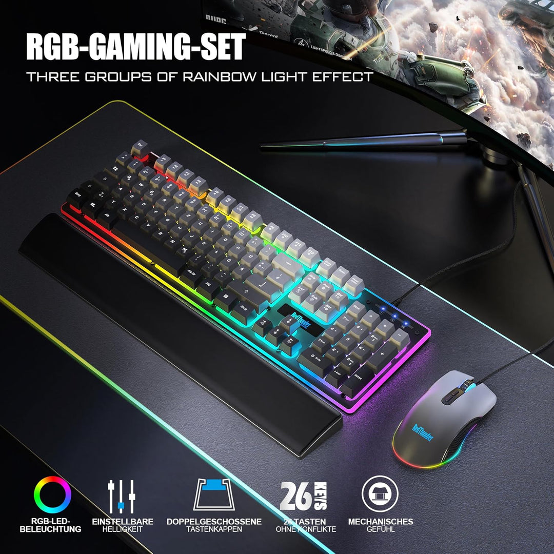 RedThunder K10 Gaming Tastatur und Maus Set, QWERTZ DE Layout, 26KRO Tastatur + 7D 7200 DPI Mause &