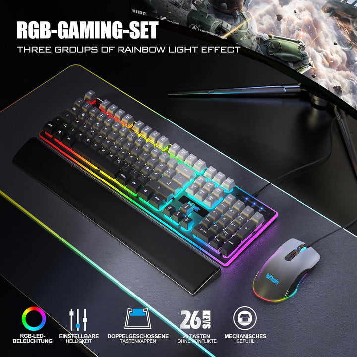 RedThunder K10 Gaming Tastatur und Maus Set, QWERTZ DE Layout, 26KRO Tastatur + 7D 7200 DPI Mause &