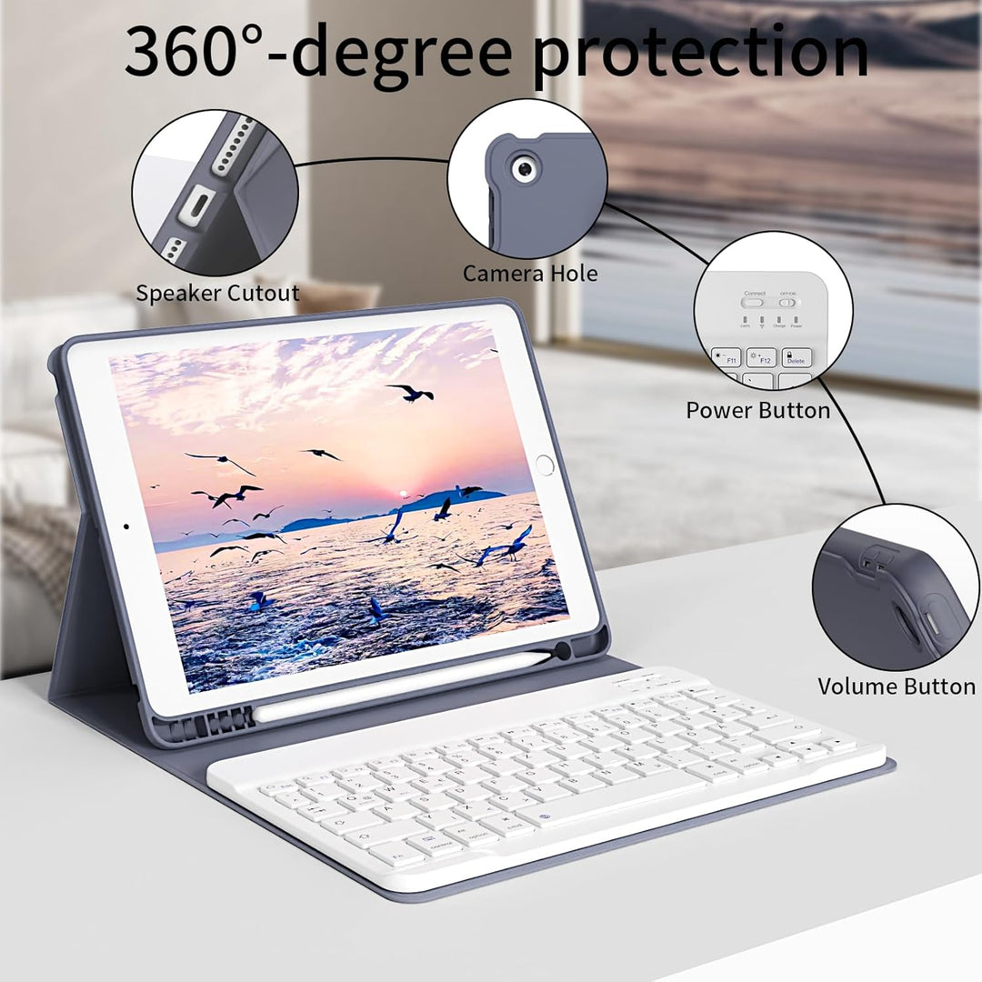 Hülle mit Tastatur für iPad 9./8./7. Generation 10,2 Zoll 2021/2020/2019, Abnehmbare kabellose Keybo
