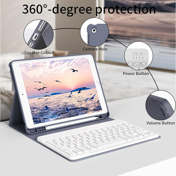 Hülle mit Tastatur für iPad 9./8./7. Generation 10,2 Zoll 2021/2020/2019, Abnehmbare kabellose Keybo