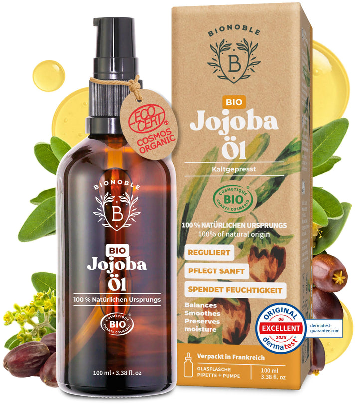 BIONOBLE Jojobaöl Bio Kaltgepresst 100% Rein - Reguliert Sebum, Pflegt Sanft, Anti-Pickel - Jojobaöl