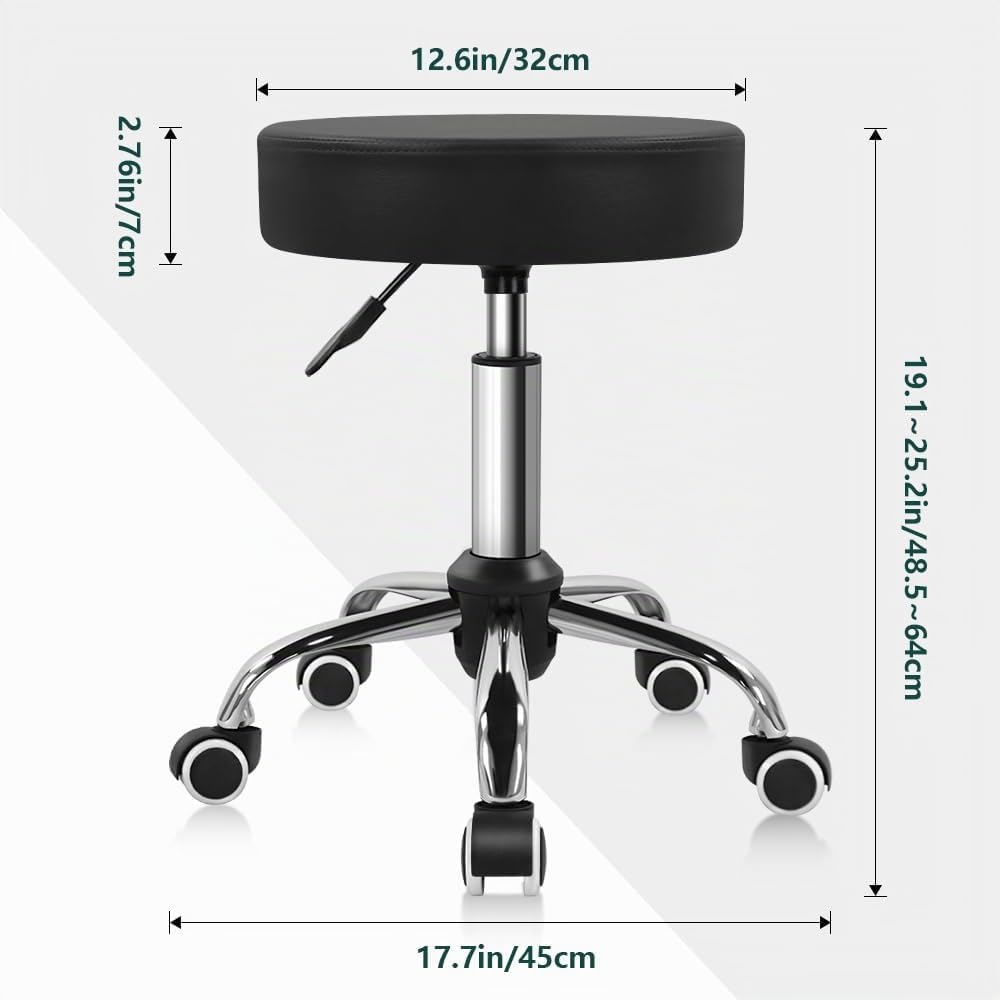BFTOU Schwarzer Drehhocker aus PU-Leder mit Rollen, perfekt für Salon, Arbeit, Zuhause, Spa, Geschäf