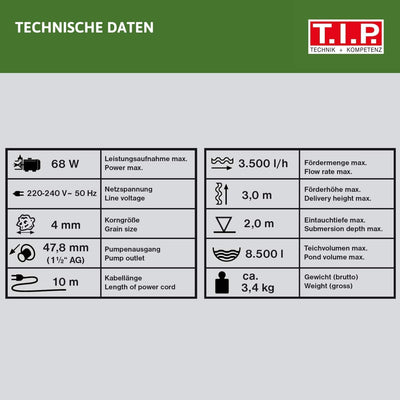 T.I.P. Multifunktions-Teichpumpe Wasserspiel Filter Bachlauf Springbrunnen WPF 3500 S (bis 3.500l/h