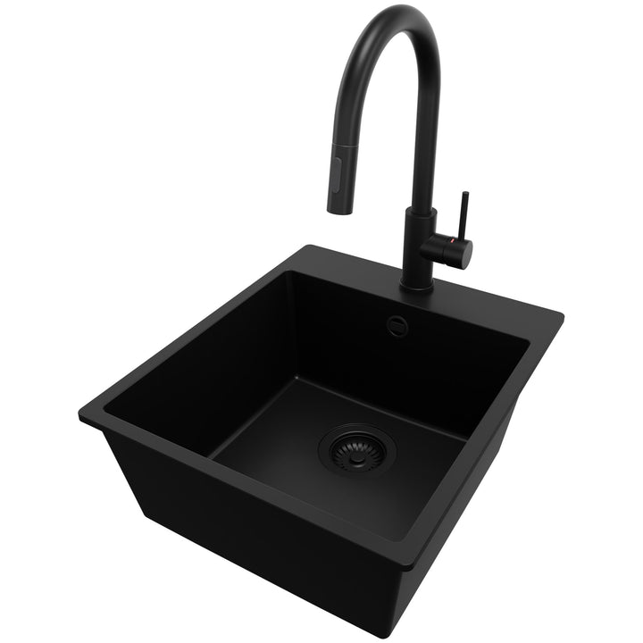 PRIMAGRAN Granitspüle Alles Schwarz 43x50cm, Spülbecken 1 Becken + Küchenarmatur 40x20cm + Ablauf-Se