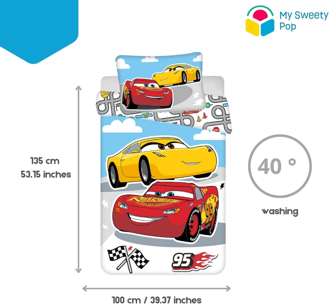My sweety pop Baby-Bettwäsche Cars, 2-teilig, Bettbezug | Wendbar, 100 x 135 cm, Kissenbezug 40 x 60
