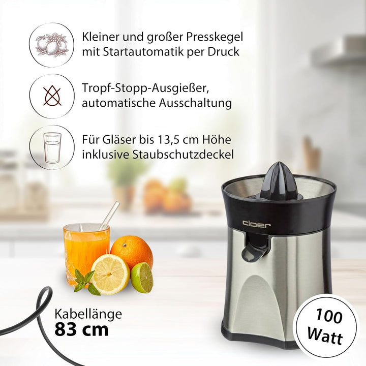 Cloer 6815 Zitruspresse und Orangenpresse, 2-in-1 Saftpresse, elektrisch, kleiner und grosser Pressk
