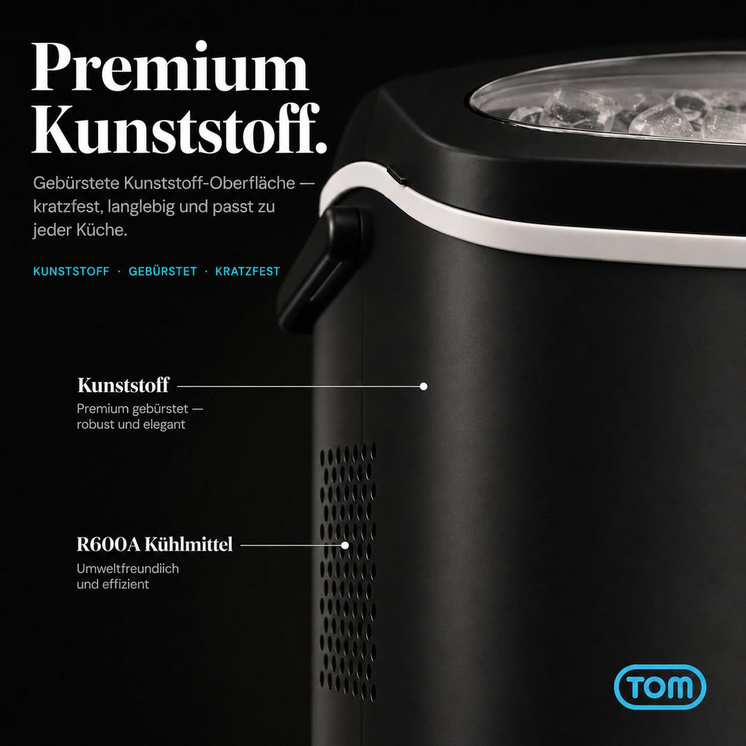 TOM Eiswürfelmaschine – 9 Eiswürfel in 6-8 min – 12 kg/24 h – 2 Würfelgrössen – Ice maker Eiswürfelm