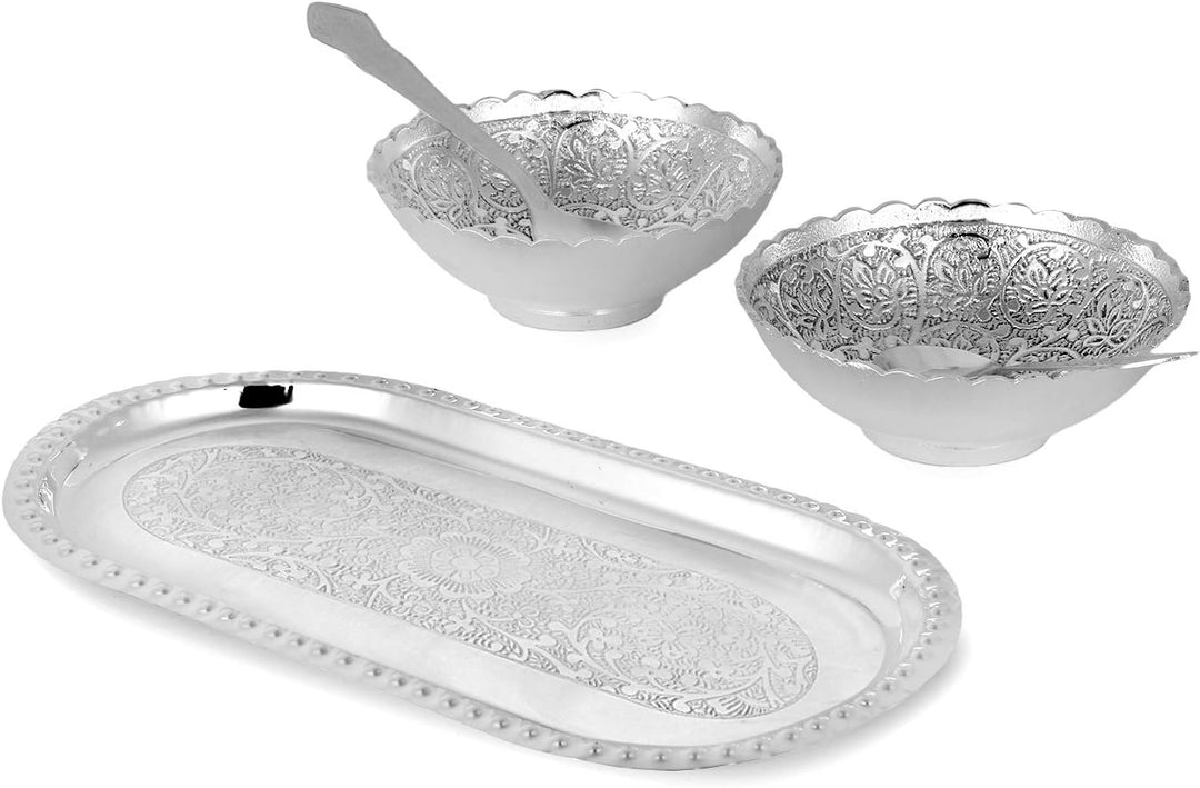 Zap Impex Graviertes Silberfarbenes Messing Schalen- und Löffel-Set mit Tablett, 5-teilig