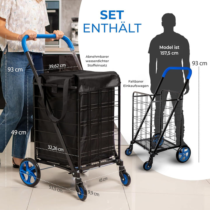 SereneLife Einkaufstrolley, Einkaufswagen Klappbar mit 50L Kapazität, Shopping Trolley belastbar bis
