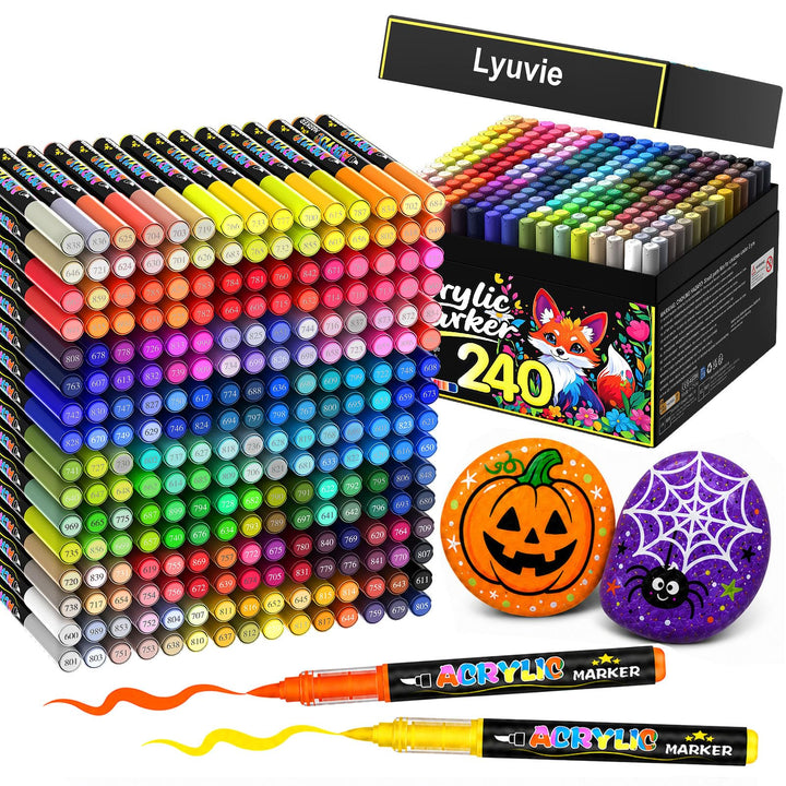 Lyuvie 240 Farben Acrylstifte für Steine WasserfestSet, Permanente Acrylic Paint Brush Marker Acryls