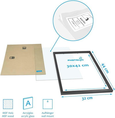 PHOTOLINI Bilderrahmen-Set Schwarz MDF-Holz, 6er No.8 Rahmenset Posterrahmen, bruchsicheres Acrylgla