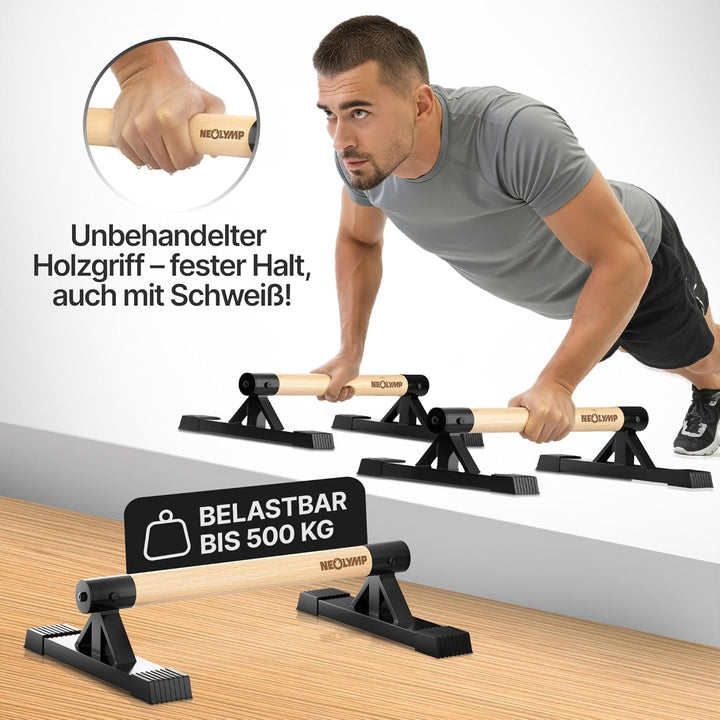 NEOLYMP 2er Set handgelenkschonende Holz Liegestützgriffe mit Calisthenics-Übungen - handgefertigten