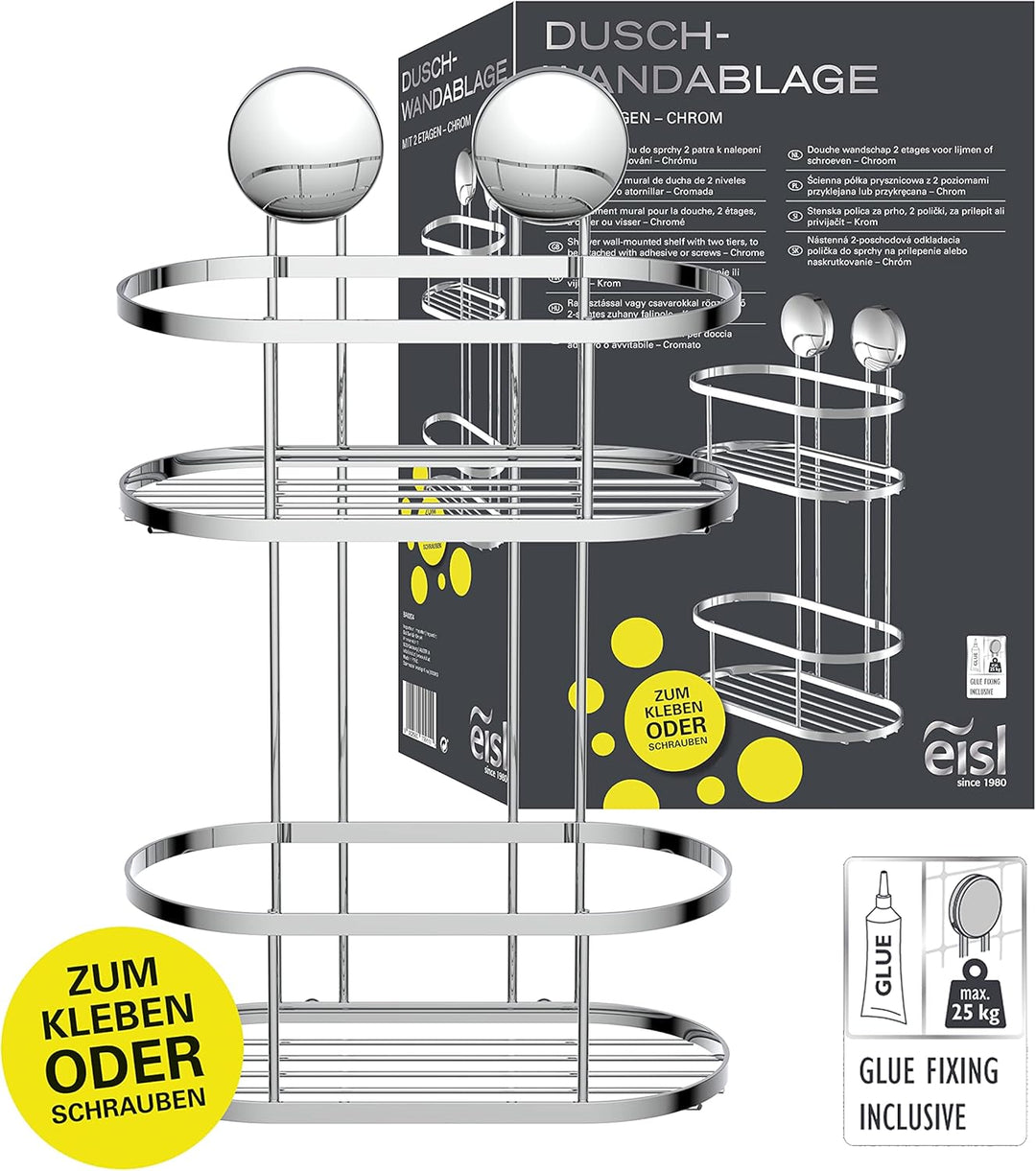 EISL BA0204 Duschblage ohne Bohren, Duschkorb zum Kleben, Duschregal mit zwei Fächern, Badregal aus
