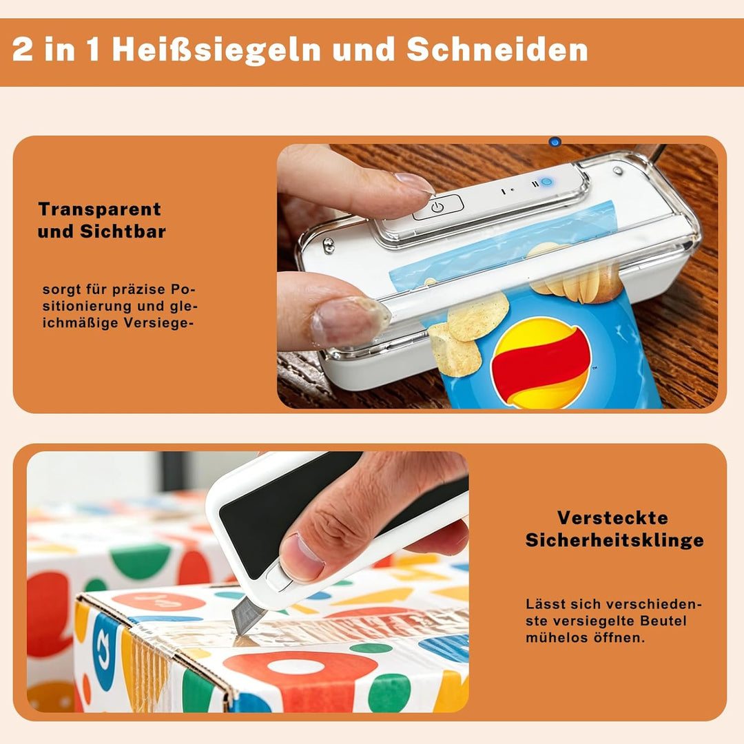 Mini Folienschweissgerät, 2 in 1 Bag Sealer mit Cutter, 2-Stufen Siegelung, Wiederaufladbar, Auto-Of