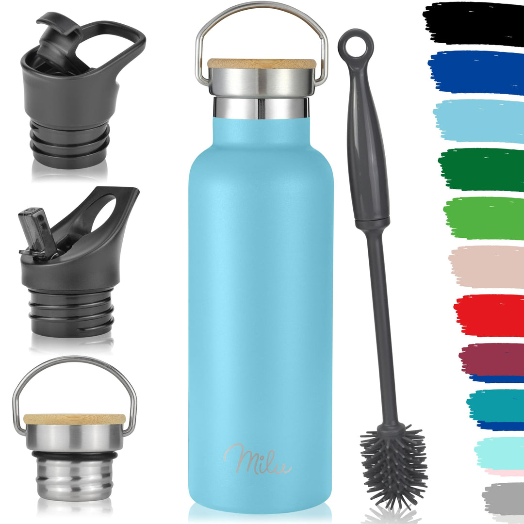 Milu Edelstahl Trinkflasche 350ml 500ml 750ml 1000ml (+3 Deckel) - Thermosflasche mit Strohhalm, Iso