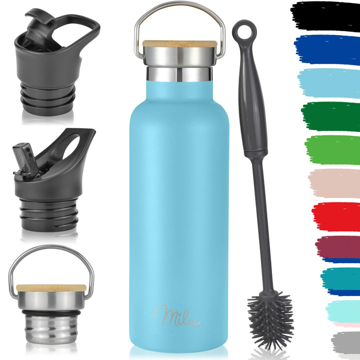 Milu Edelstahl Trinkflasche 350ml 500ml 750ml 1000ml (+3 Deckel) - Thermosflasche mit Strohhalm, Iso