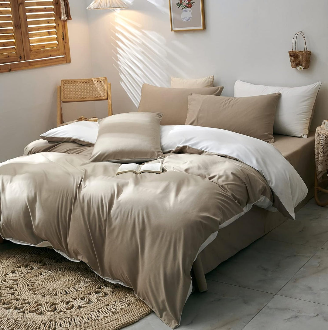 Damier Bettwäsche 155×220cm Beige Weiss Superweiches Microfaser Bettbezug Set 2 Teilig Wendebettwäsc