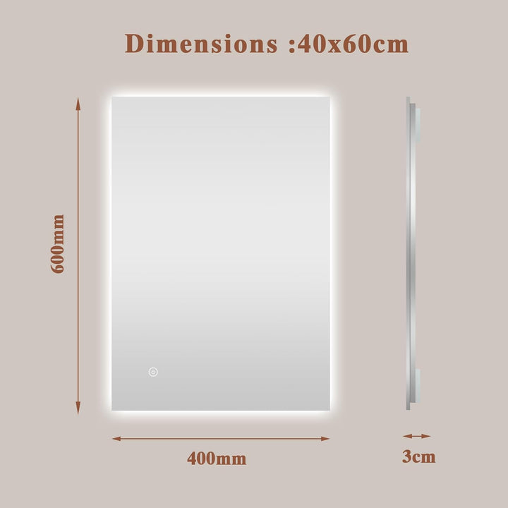 Badspiegel-mit-Beleuchtung 40x60cm - Badezimmerspiegel LED Badezimmer Spiegel mit Beleuchtung, Touch