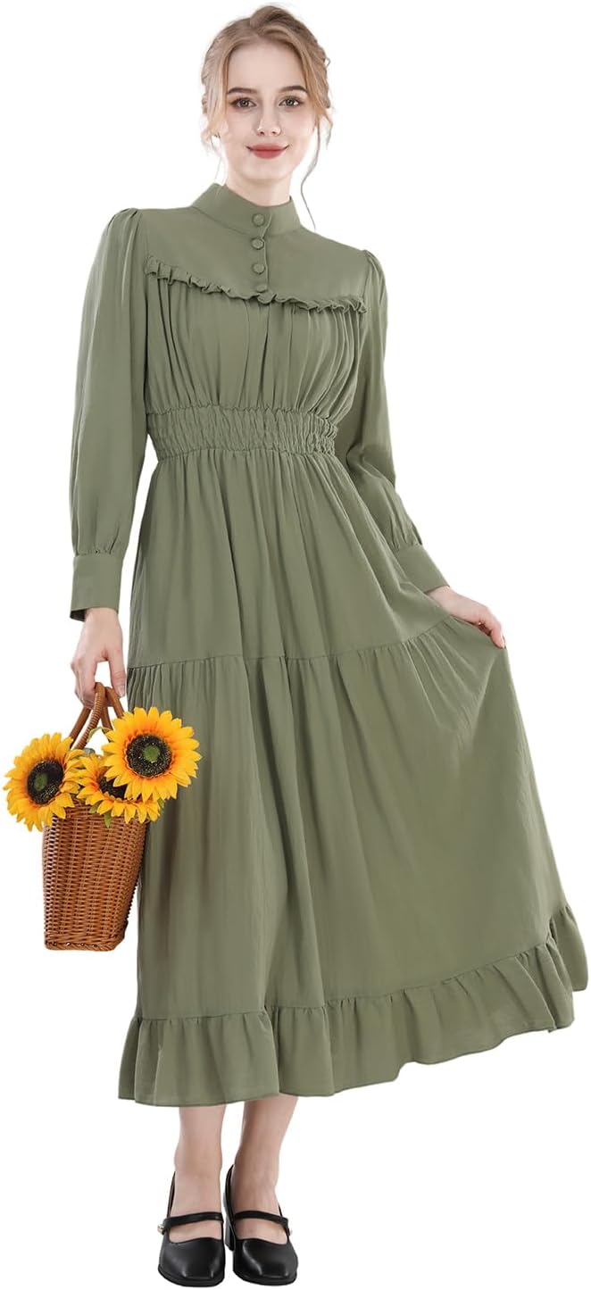 CR ROLECOS Mittelalter Kleidung Damen Viktorianisches Kleid Langarm A-Linie Vintage Edwardianisches