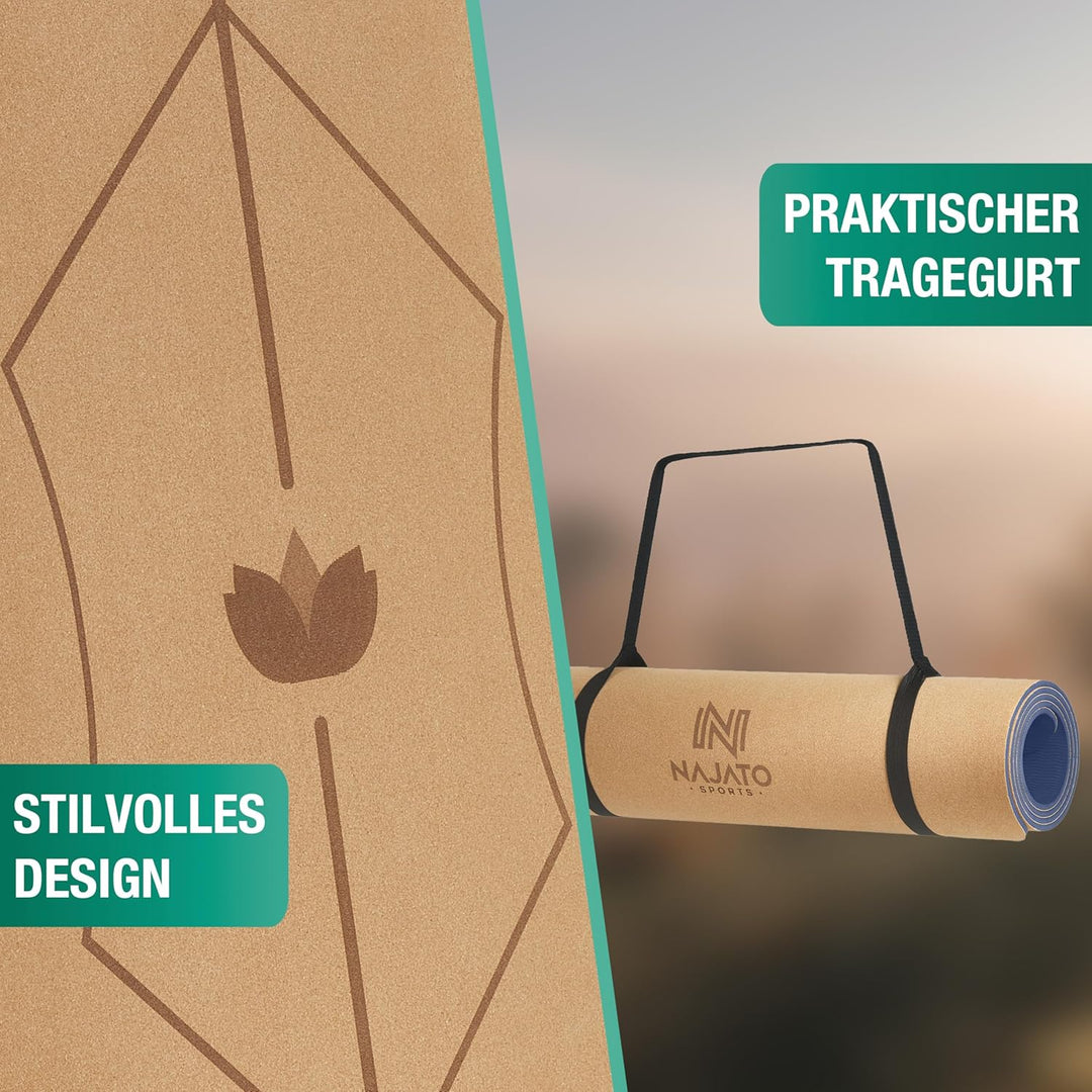 Sports Yogamatte Kork – Rutschfeste Yoga Matte mit Tragegurt & E-Book (PDF Datei) – Trainingsmatte 1