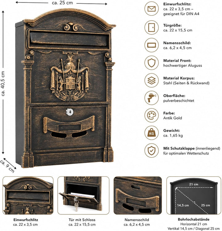 Mucola Briefkasten Wandbriefkasten Antik mit Zeitungsfach abschliessbar Gold | Aluguss-Front mit 3D-