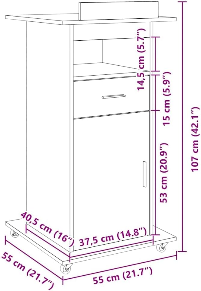 vidaXL Rednerpult, Stehpult mit Rollen Schublade, Mobil Stehtisch Rollbar mit Umrandung, Schreibpult
