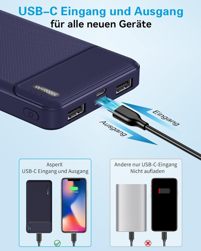 AsperX Power Bank 2 Stück, Powerbank 10000mAh (USB-C-Eingang und -Ausgang) Slim klein Aber stark Ext