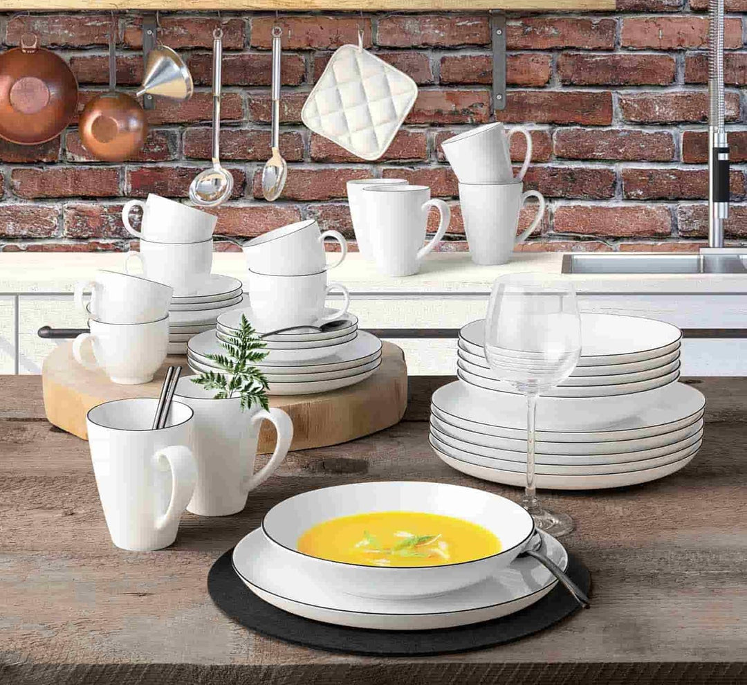 Seltmann Weiden Lido Black Line Suppenteller 6er Set, ø 21 cm, Runder Tiefer Teller mit schwarzem Ra