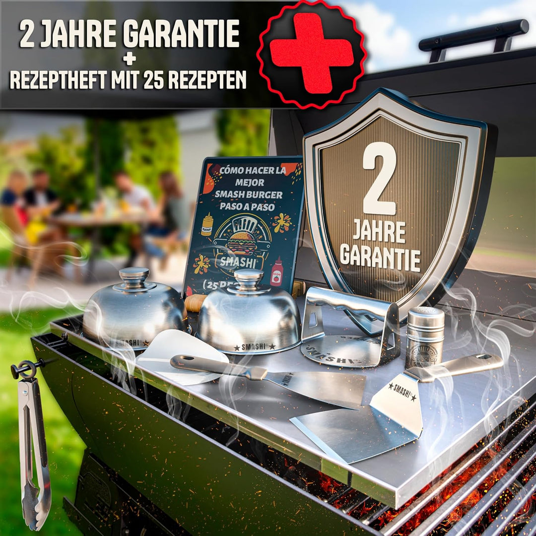 SMASHI® Smash Burger Set aus Edelstahl 304 – Professionelles Set mit Antihaft-Presse, Grillspachtel