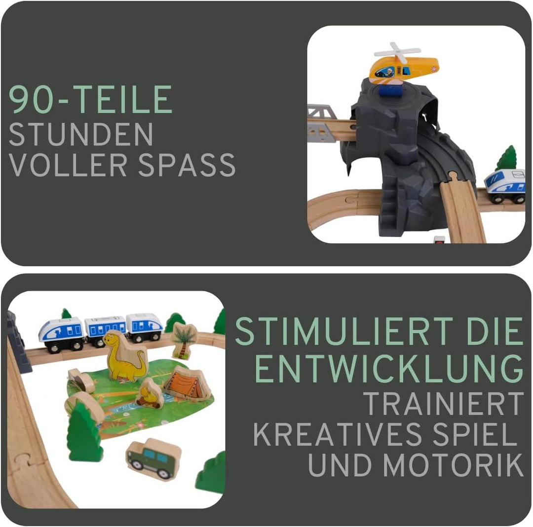 Bandits & Angels Holzeisenbahn-Set Dinosaurier 90 Teile ab 3 Jahren für Jungen und Mädchen – Holzeis