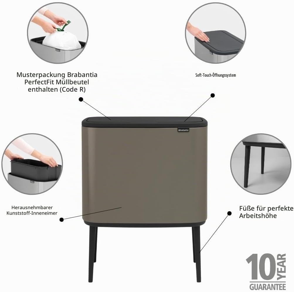 Brabantia 315787 Bo Touch Bin, 36 L Abfalleimer, Edelstahl, Platinum, 54 x 31.5 x 68 cm 1 Inneneimer