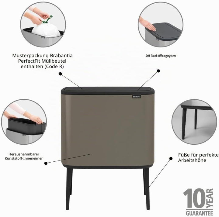 Brabantia 315787 Bo Touch Bin, 36 L Abfalleimer, Edelstahl, Platinum, 54 x 31.5 x 68 cm 1 Inneneimer