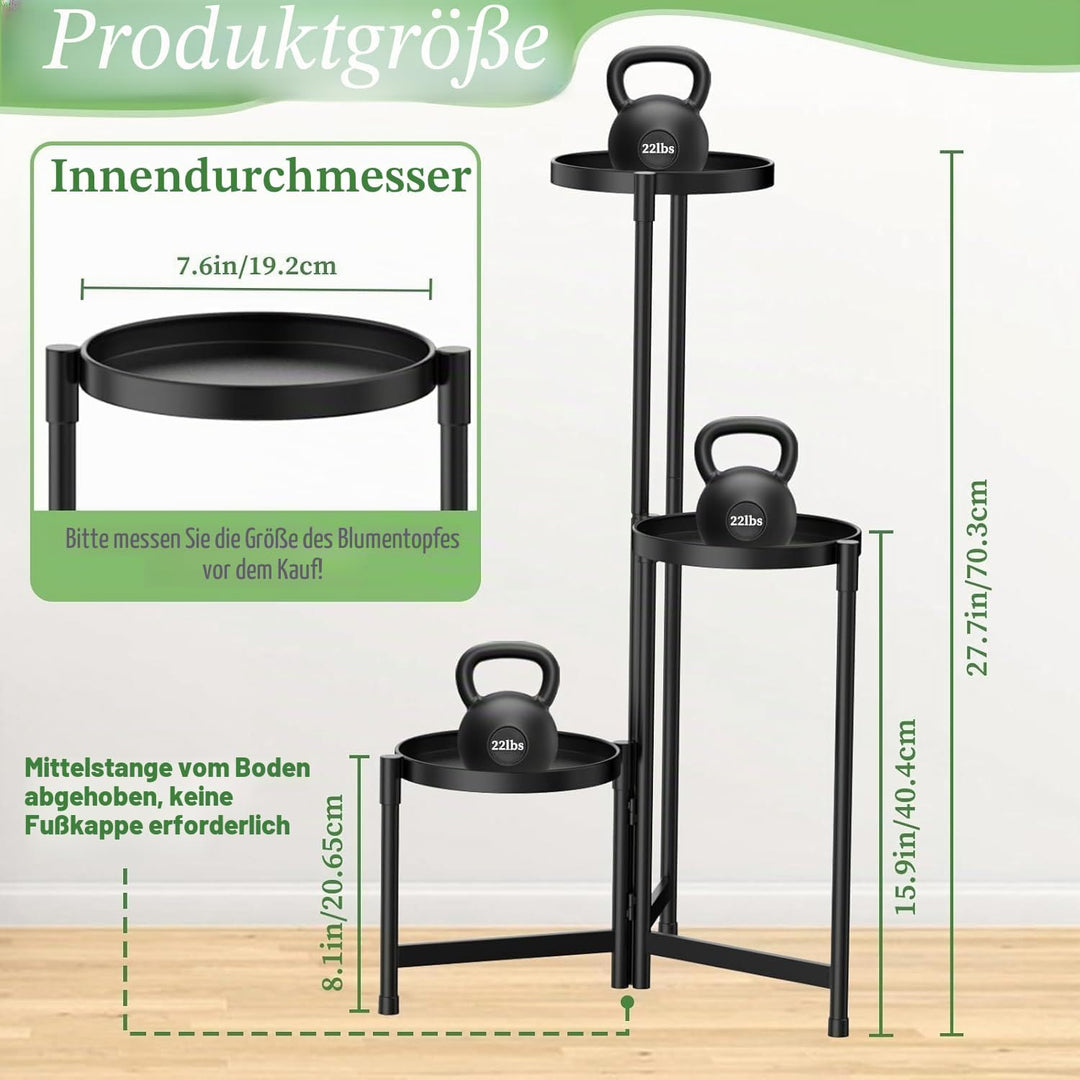 Blumenständer Metall mit 3 Ebenen, Pflanzenständer Metall mit 10 Zoll breiter Tablett, Platzsparende