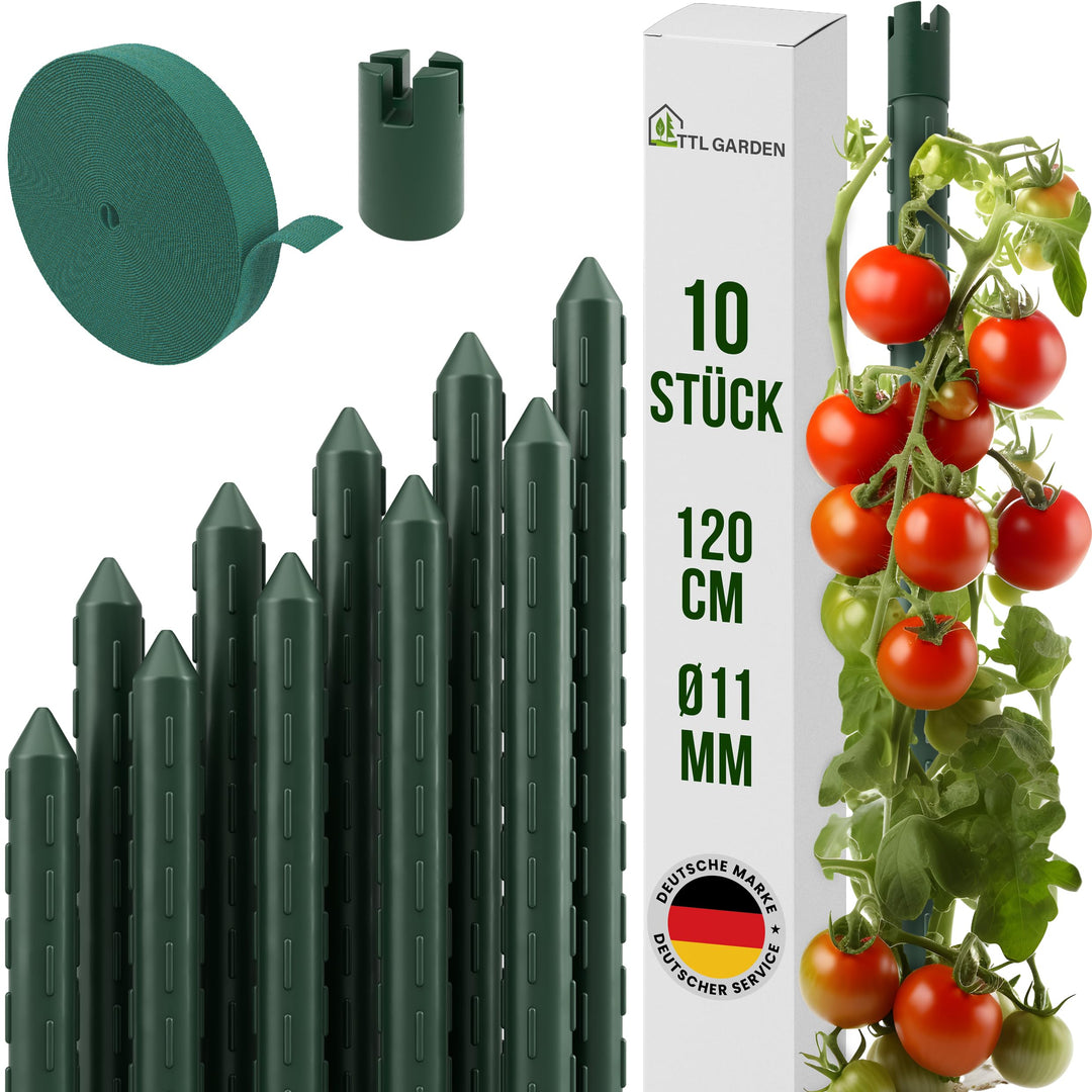 TTL GARDEN Rankstäbe 10er Set 120cm x 11mm Ø grün - Rankhilfe Pflanzstäbe + Klettband - Stahl rostfr