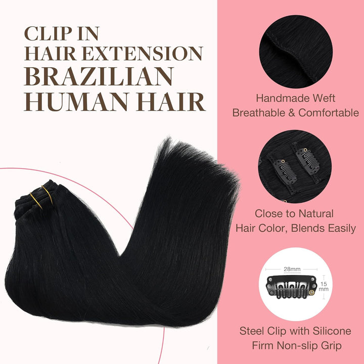 GOO GOO Clip in Extensions Echthaar, Echthaar Extensions Clip, 30cm 85g 7pcs, Clip In Haarverlängeru