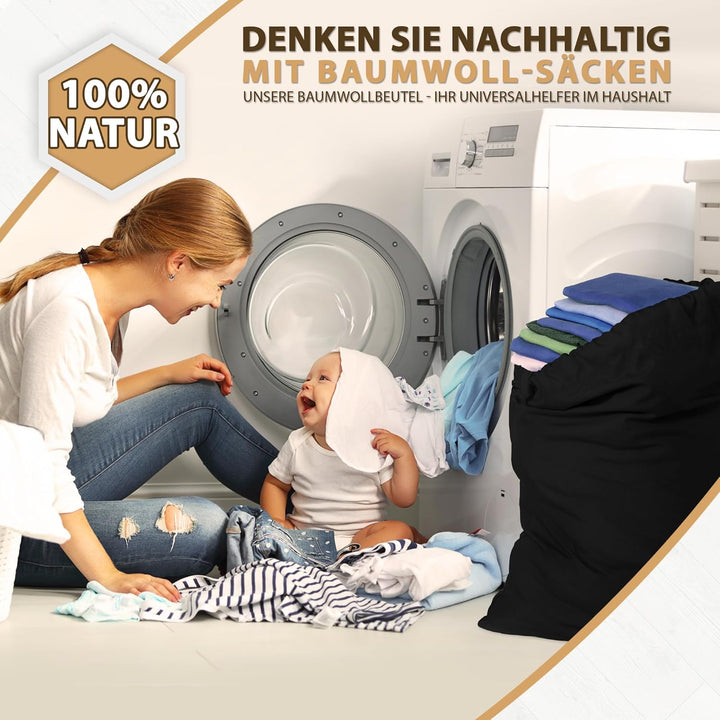 ELES VIDA® - XXL Wäschebeutel Schwarz 2 Stück 70x90cm aus 100% Baumwolle - XL Extra grosse Heavy Dut