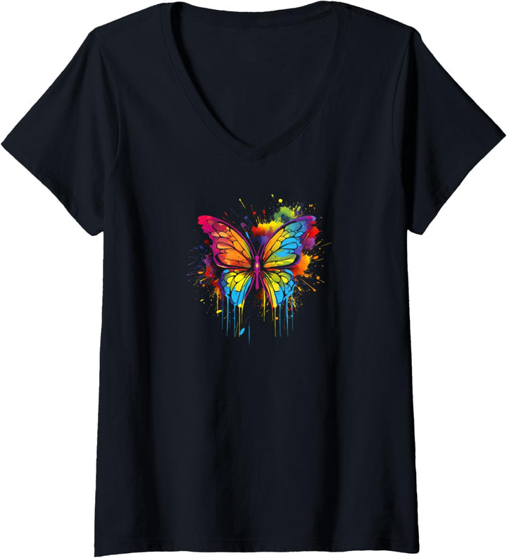 Schmetterling Kunst T-Shirt mit V-Ausschnitt