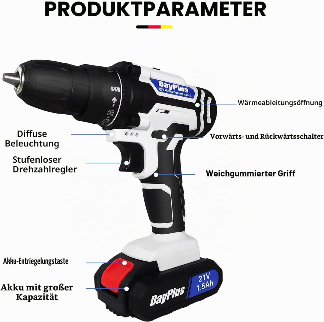 Akku-Bohrer-Set-Schlagbohrer-Schlagbohrer 21V mit Akku-Schnellladegerät, 1x 1500mAh Lithium-Ionen-Ba