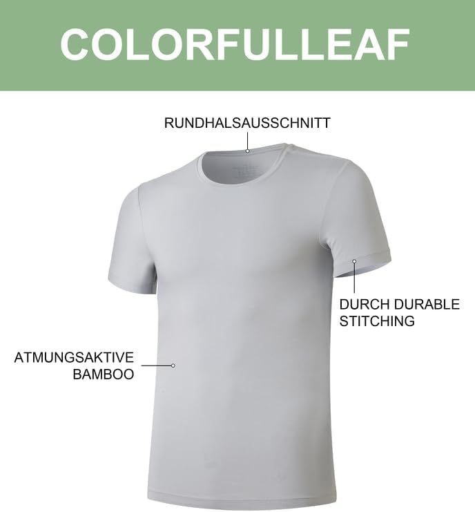COLORFULLEAF 3/5er Pack Bambus Rundhals T-Shirt Herren Stretch Unterziehshirt Männer Einfarbig Busin